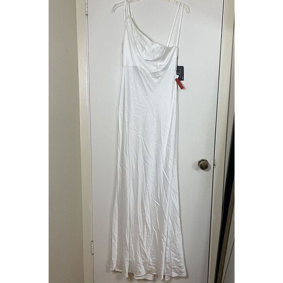NWT MAC DUGGAL LEENA ONE SHOULDER DOUBLE STRAP WHITE SATIN GOWN US 8 $298 - Picture 6 of 11
